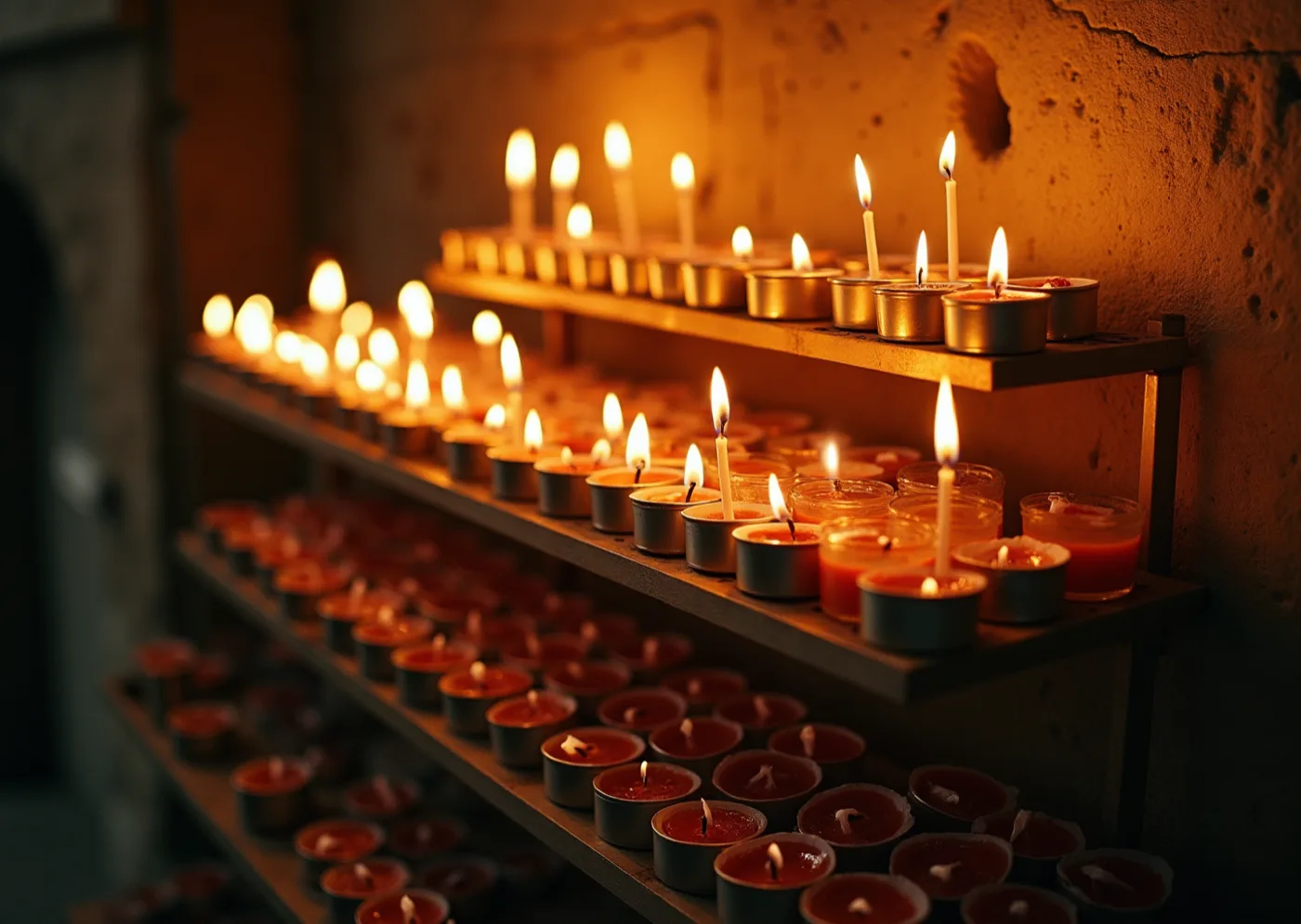 Velas votivas encendidas contra un muro de piedra