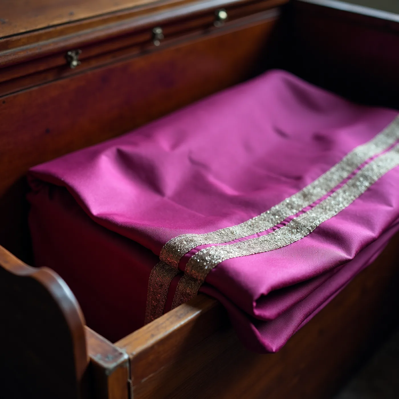 Casulla de seda magenta doblada sobre un arcón de sacristía