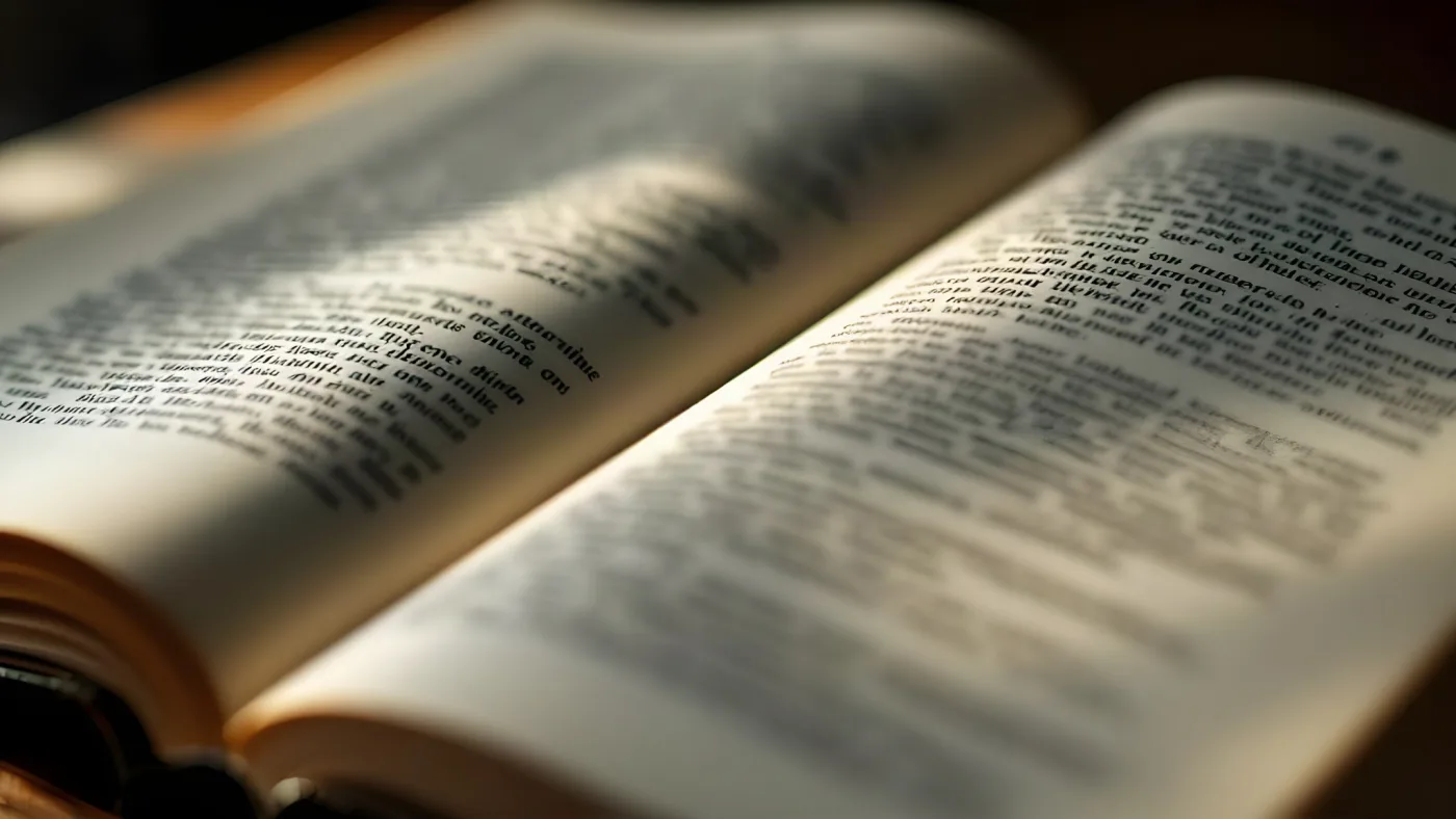 An open book held under a warm lamp, the page in raking light