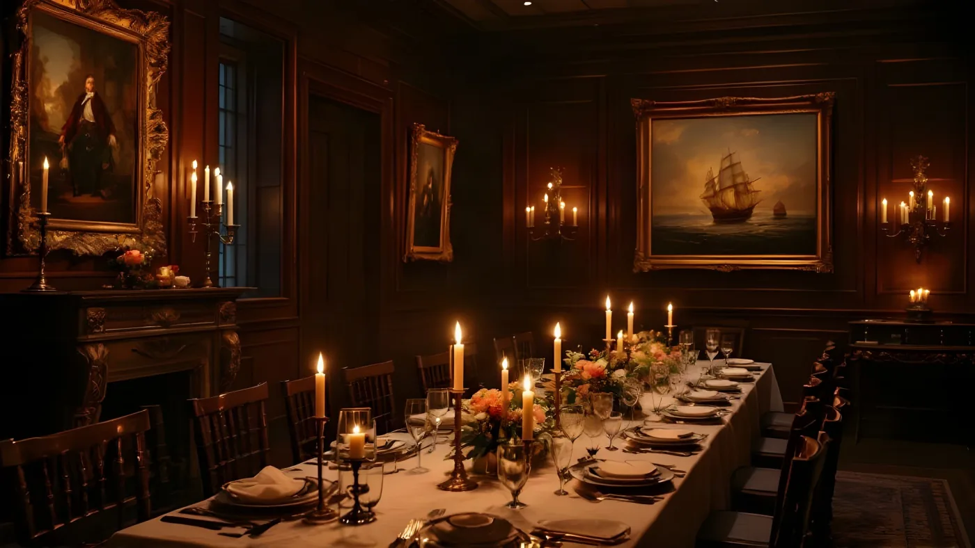 A candlelit Georgian dining room, maritime paintings in gilt frames, one long table laid