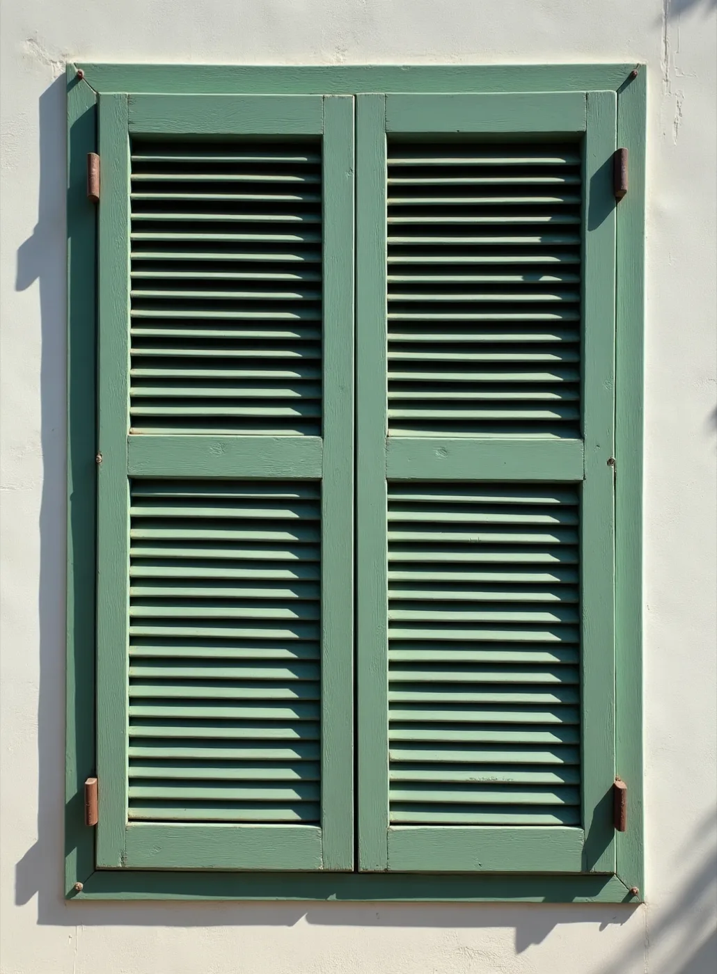 Old sage-green louvred shutters closed across a window, the slats making a hard regular repeat, a shadow thrown down one side.