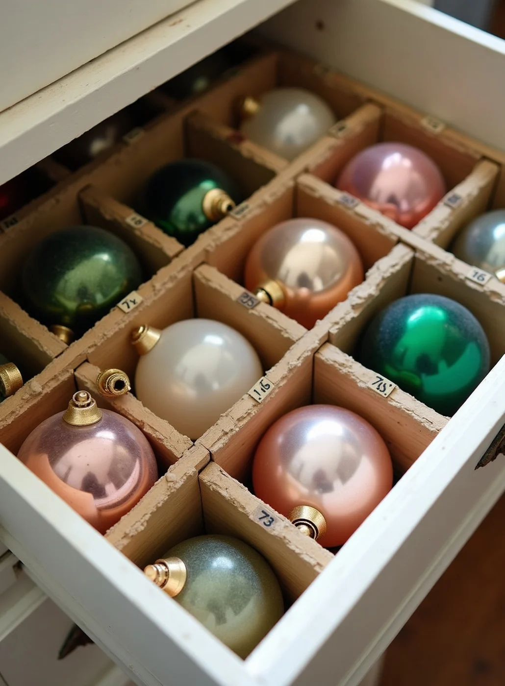 An opened cabinet drawer of glass ornaments, one to a compartment, each compartment cut to the size of the thing it holds, the small numbered labels too small to read across a room.