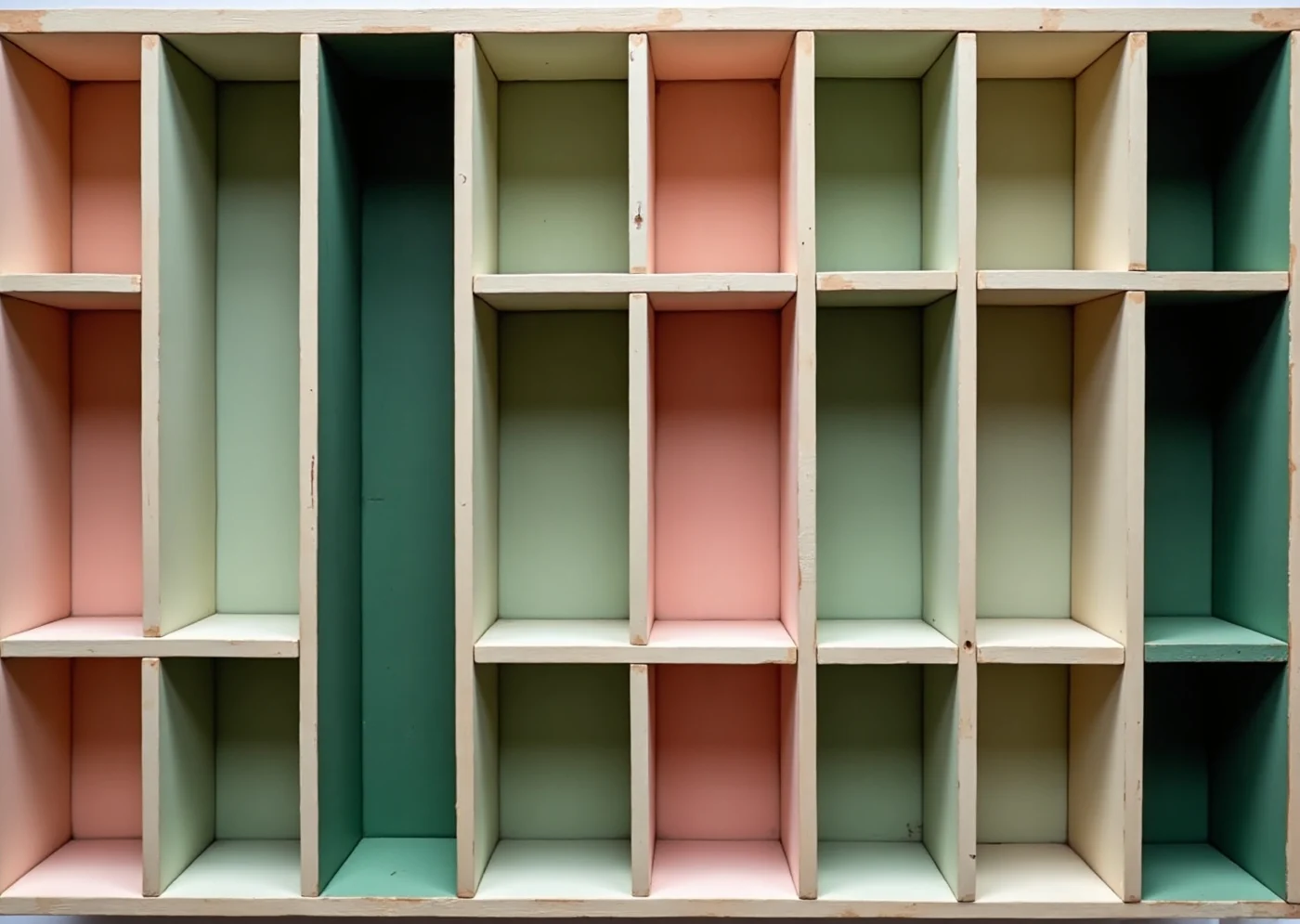 An empty compartmented tray, its dividers making a grid whose compartments change size row by row — narrow cells beside wider ones, the cells lined in leaf green, pink and bone.
