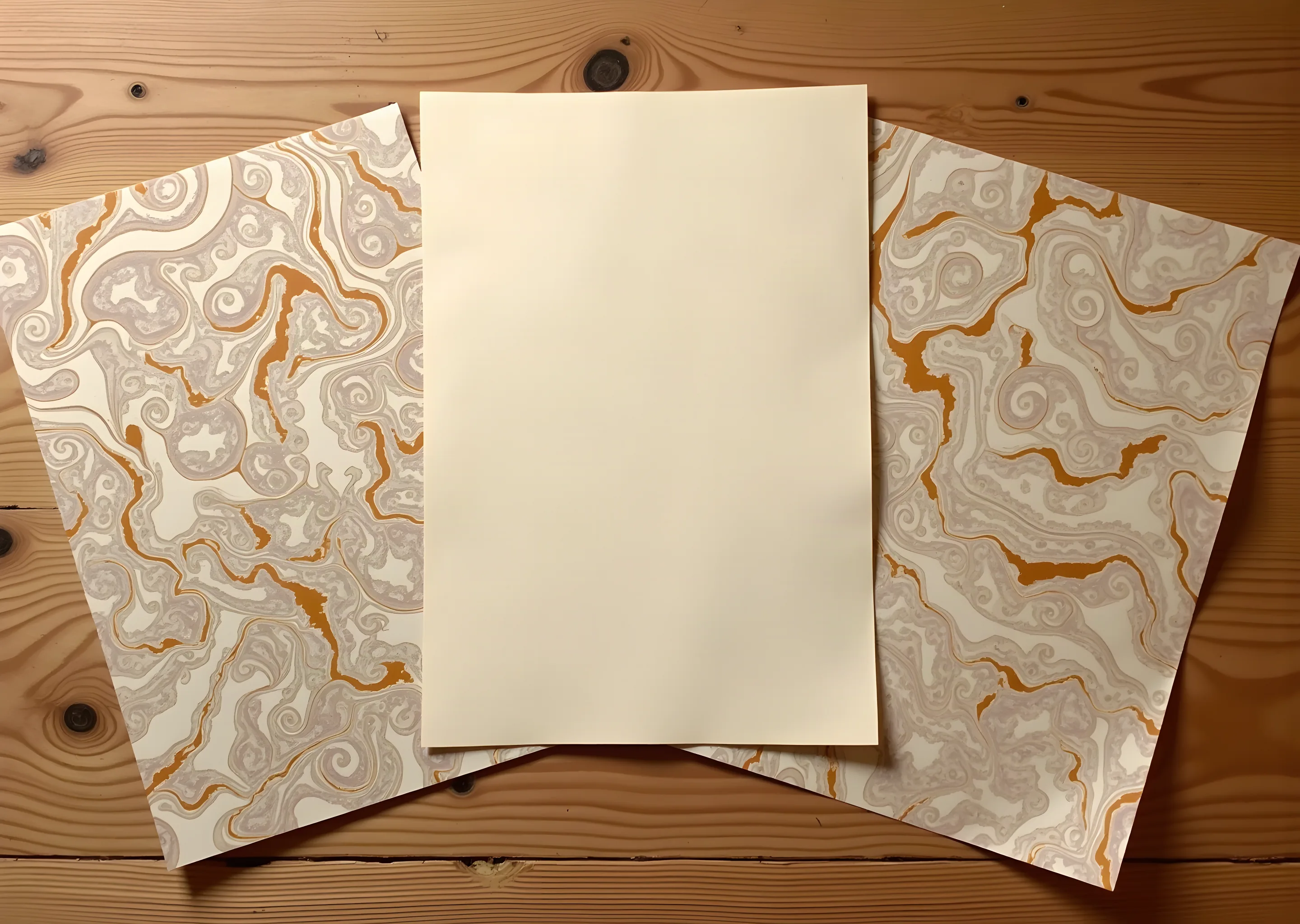 Three marbled sheets on a bench with one plain cream sheet across them