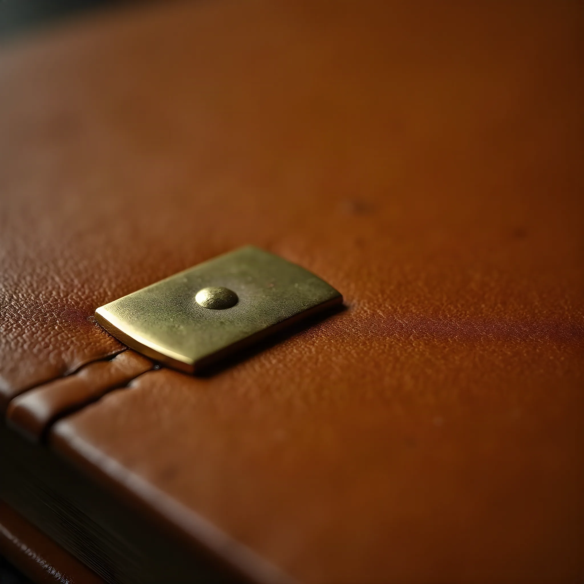 Macro of a plain unpolished brass corner fitting on leather