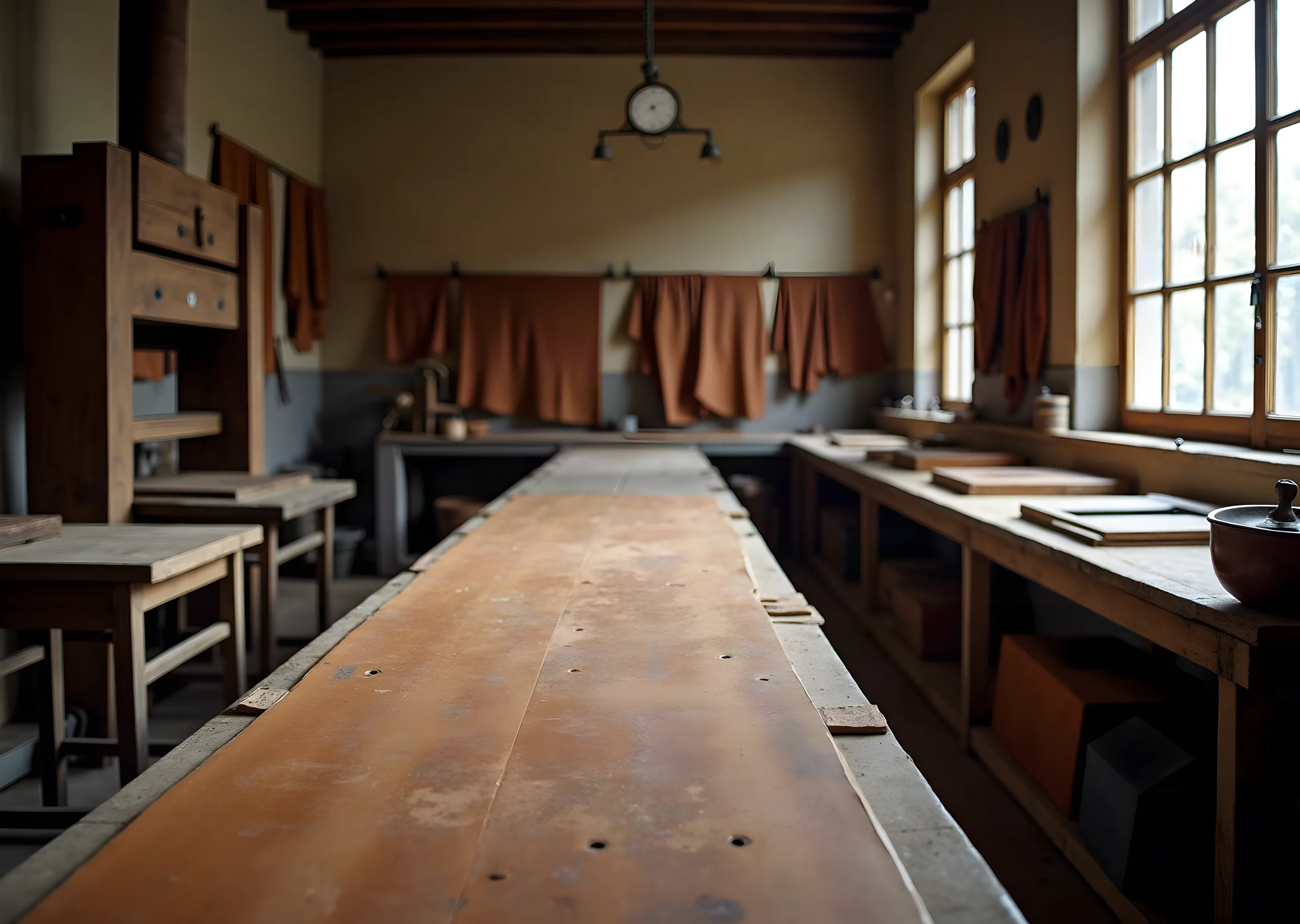 The bindery workshop: a long beech bench under a window, standing press, hides on a rail