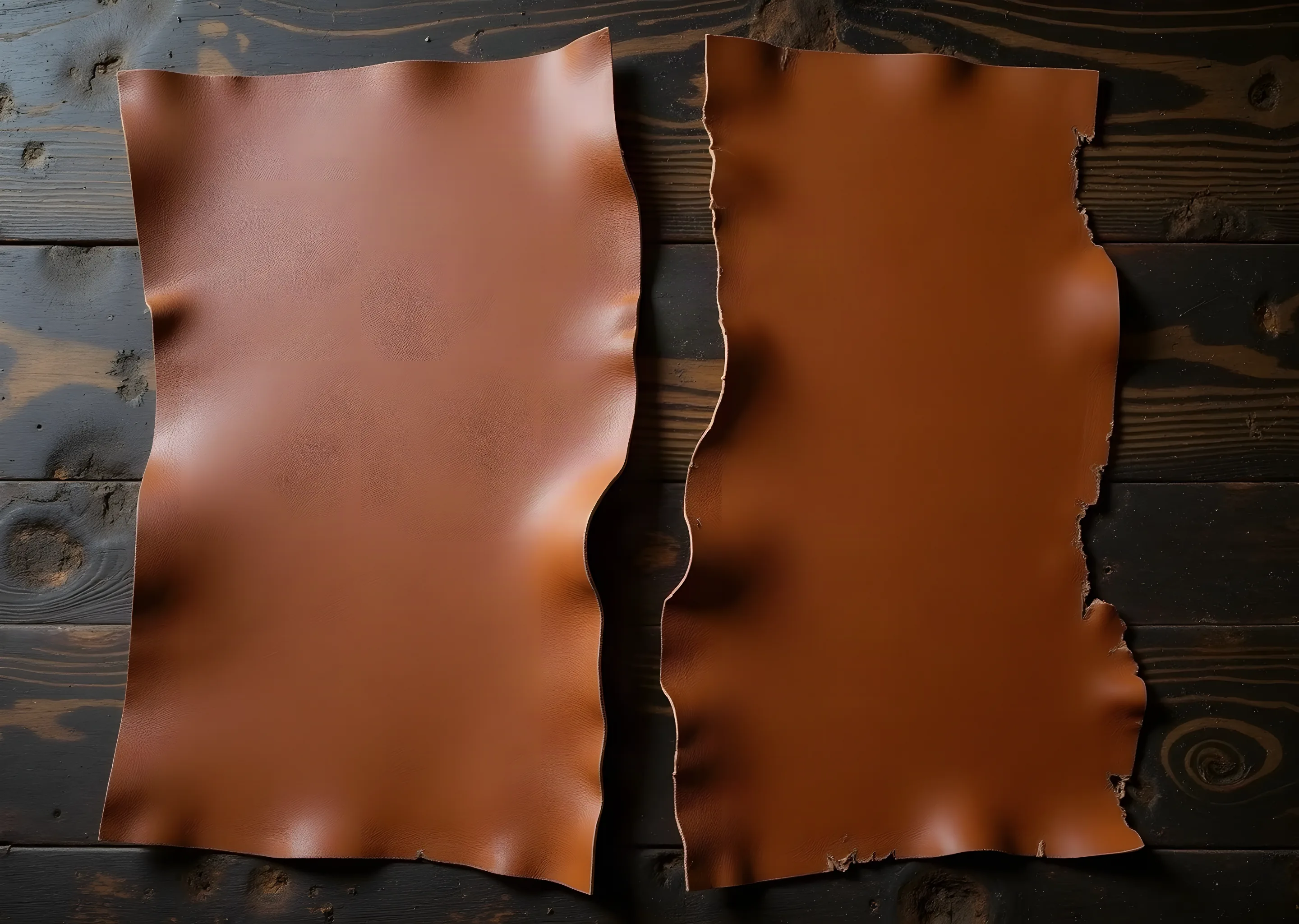 Two offcut halves of one hide, cut apart along one wavy knife line, on a dark bench